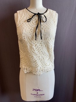 HALOGEN, Cream, Black, Synthetic, Solid, Sleeveless, Crew Neck, Zip Back, Swirl Lace Top Layer, Black Trim at Neck and Black Tie, Keyhole Back, Black Button at Back of Neck