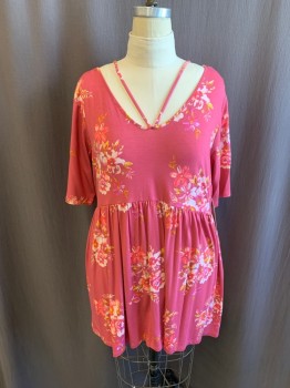 Womens, Dress, Short Sleeve, BOUTIQUE PLUS, Rose Pink, White, Yellow, Coral Orange, Rayon, Spandex, Floral, 1X, Scoop Neckline, ""V" Straps, Short Sleeves, Gathered at Waist, Hem Above Knee,