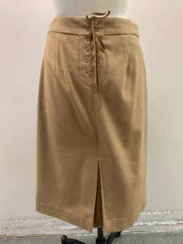 Womens, Skirt, Below Knee, MARC JACOBS, Khaki Brown, Wool, 8, Barn Door Front, Zip Side, Lace Up Back, Inverted Pleat at Back