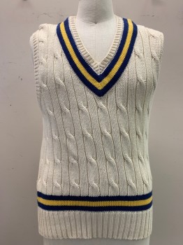 Mens, Sweater Vest, POLO BY RALPH LAUREN, Beige, Cotton, Linen, XL, Cable Knit, Pullover, V-neck, Yellow & Navy Trim