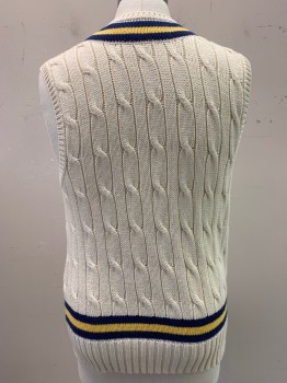 Mens, Sweater Vest, POLO BY RALPH LAUREN, Beige, Cotton, Linen, XL, Cable Knit, Pullover, V-neck, Yellow & Navy Trim
