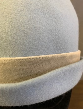 Womens, Hat, PATRICIA UNDERWOOD, Powder Blue, Lt Gray, Wool, Solid, Felt, Cloche Style, Light Gray Velour Band, Curled Brim, Reproduction, **Has Fade Marks on Crown