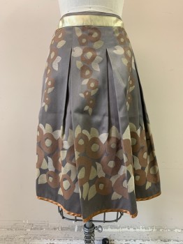 FOU FORET, Gray, Brown, Khaki Brown, Cream, Polyester, Viscose, Floral, Cream Satin Trim on Waistband, A-Line, Pleat Skirt, Side Zip
