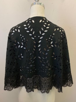 Womens, Cape 1890s-1910s, N/L, Black, Wool, Floral, OS, Capelet, Felted Wool with Embroidery Lined Cutouts, Some of the Embroidery Has Pulled Away From the Fabric See Detail Photos, 4" Wide Lace at Hem, Hook & Bar at Neck, Mended Center Back at Neck, See Detail Photo,