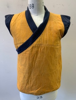Mens, Vest, N/L, Goldenrod Yellow, Navy Blue, Solid, 38, Raw Silk, Diamond Quilting, Contrasting Trim at Surplice Neck and Caps at Arm Openings, Asian/Buddhist Monk Inspired