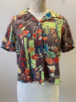 Womens, Shirt, French Connection, Brown, Lime Green, Red, Turquoise Blue, Orange, Cotton, Rayon, Floral, 34, S/S, Button Front, C.A.,