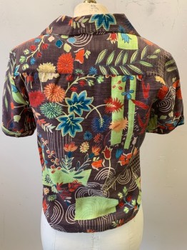 French Connection, Brown, Lime Green, Red, Turquoise Blue, Orange, Cotton, Rayon, Floral, S/S, Button Front, C.A.,