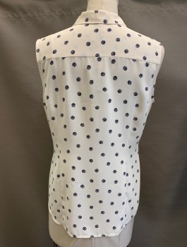 ANNE KLEIN, Cream, Navy Blue, Polyester, Novelty Pattern, Button Front, Rounded C.A., Slvlss, Yoke, Ball of Yarn Dots
