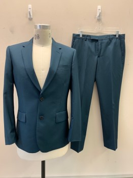 PAUL SMITH, Teal Blue, Wool, Solid, 2 Buttons, Single Breasted, Notched Lapel, 3 Pockets