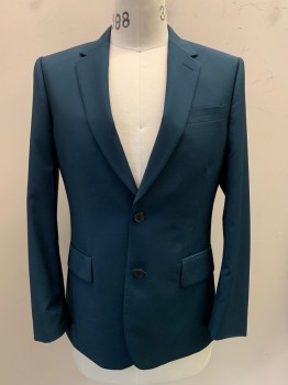 PAUL SMITH, Teal Blue, Wool, Solid, 2 Buttons, Single Breasted, Notched Lapel, 3 Pockets