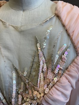DOVIZIA, Lt Pink, Polyester, Sequins, Solid, Chiffon, Long Sleeves, Sheer Diamond Shaped Panel at Chest with Light Pink Sequins and Gray Seed Beads, Round Neck,  Ruched Gathering at Waist, Dropped Waist, Knee Length,
