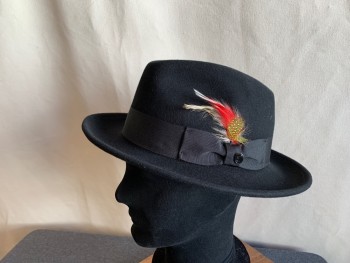 Mens, Fedora, JAXON, Black, Wool, M, Felted Wool, Black Ribbon Hatband with Bow, Red/Yellow/Brown Feather at Bow