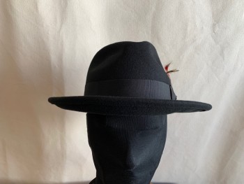 JAXON, Black, Wool, Felted Wool, Black Ribbon Hatband with Bow, Red/Yellow/Brown Feather at Bow