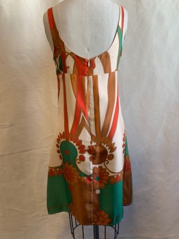 JULIE BROWN, Tan Brown, Green, Tomato Red, Brown, Dusty Brown, Silk, Abstract , V-neck, Empire Waist, Zip Back, Hem Above Knee