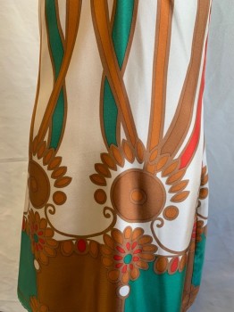JULIE BROWN, Tan Brown, Green, Tomato Red, Brown, Dusty Brown, Silk, Abstract , V-neck, Empire Waist, Zip Back, Hem Above Knee