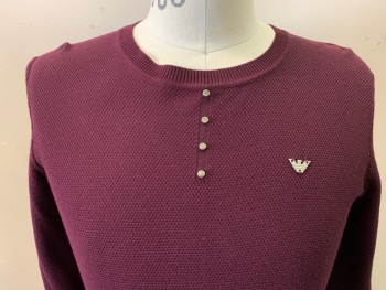 OU & FENG HANG, Wine Red, Viscose, Nylon, Solid, Long Sleeves, Seed Stitch Knit, 4 Tiny Buttons, Crew Neck,