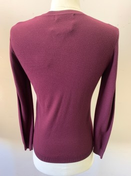 OU & FENG HANG, Wine Red, Viscose, Nylon, Solid, Long Sleeves, Seed Stitch Knit, 4 Tiny Buttons, Crew Neck,