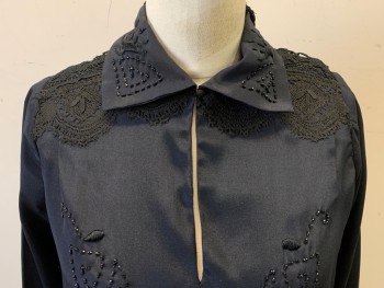 Womens, Blouse 1890s-1910s, N/L, Black, Silk, Solid, B 36, 3/4 Sleeves, Jet Black Bead & Embroidery, 2 Types of Lace at Shoulders, Keyhole with 1 Button at Neck. Snaps at Left Side Waist, Mended in Places, Collar Attached,