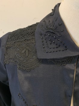 Womens, Blouse 1890s-1910s, N/L, Black, Silk, Solid, B 36, 3/4 Sleeves, Jet Black Bead & Embroidery, 2 Types of Lace at Shoulders, Keyhole with 1 Button at Neck. Snaps at Left Side Waist, Mended in Places, Collar Attached,