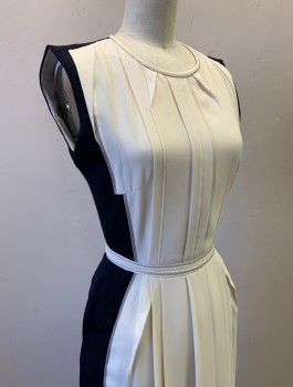 O'2ND, Cream, Navy Blue, Gray, Polyester, Solid, Color Blocking, Crepe, Middle is Cream, Sides and Back are Navy, with Gray Edging, Vertical Pleats at Front, 1" Wide Self Belt Attached with Brown Zig Zag Stitch, Round Neck, Fitted, Knee Length