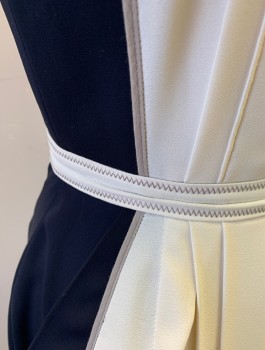 O'2ND, Cream, Navy Blue, Gray, Polyester, Solid, Color Blocking, Crepe, Middle is Cream, Sides and Back are Navy, with Gray Edging, Vertical Pleats at Front, 1" Wide Self Belt Attached with Brown Zig Zag Stitch, Round Neck, Fitted, Knee Length