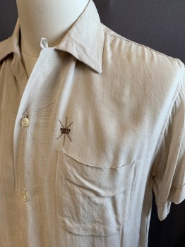 Mens, Casual Shirt, TOWN TOPIC, Beige, Linen, Solid, M, S/S, Button Front, Chest Pocket, Cuffed Sleeves, Brown Crown Embroidery, 1950s **Small Repairs on Front