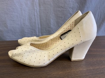 Womens, Shoes, BUT ANOTHER INNOCENT, Cream, Leather, Solid, 9, Reproduction Pumps, Dotted Hole Punched, Peep Toe, 3" Chunky Heel