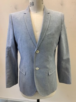TOPMAN, Navy Blue, White, Cotton, 2 Color Weave, 2 Buttons, Single Breasted, Notched Lapel, 3 Pockets