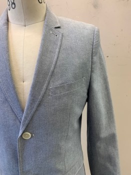 TOPMAN, Navy Blue, White, Cotton, 2 Color Weave, 2 Buttons, Single Breasted, Notched Lapel, 3 Pockets
