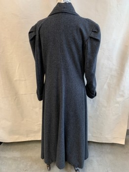 Womens, Coat 1890s-1910s, MTO, Charcoal Gray, Black, Wool, Heathered, W.35, B.36, C.A., Sewn in Cuffs, 3 Buttons, Lined Inside