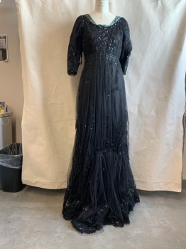 Womens, Evening Dress 1890s-1910s, MTO, Black, Sequins, Synthetic, Solid, W30, B36, Slightly Square Neck, 3/4 Sleeves, Gold Circles at Bust, *Several Tears in Lining and Netting*