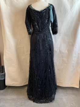 Womens, Evening Dress 1890s-1910s, MTO, Black, Sequins, Synthetic, Solid, W30, B36, Slightly Square Neck, 3/4 Sleeves, Gold Circles at Bust, *Several Tears in Lining and Netting*