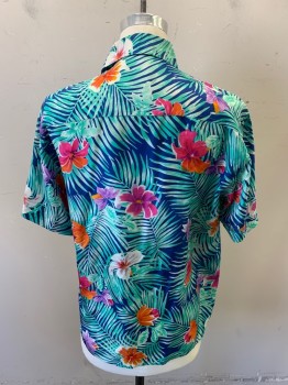 Mens, Hawaiian Shirt, CEZAR, Blue, Teal Blue, Orange, Pink, Lavender Purple, Silk, Hawaiian Print, Floral, S, Short Sleeves, Button Front, 7 Buttons, Chest Pocket