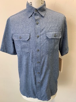 CROFT & BARROW, Blue, Lt Gray, Polyester, Heathered, Short Sleeves, Button Front, Collar Attached, 2 Pockets,