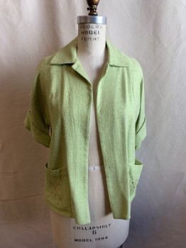 Womens, Jacket, FRELICH SPORTSWEAR, Lime Green, Silk, Rhinestones, Solid, B36, Short Sleeves, Folded Cuffs, Open Front, 2 Pockets with Flower Like Embroidery and White Rhinestones