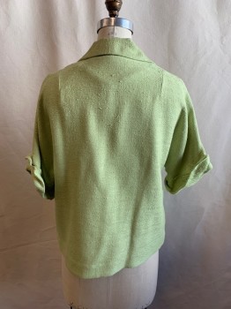 Womens, Jacket, FRELICH SPORTSWEAR, Lime Green, Silk, Rhinestones, Solid, B36, Short Sleeves, Folded Cuffs, Open Front, 2 Pockets with Flower Like Embroidery and White Rhinestones