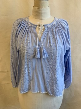 SAYLOR, Lt Blue, White, Cotton, Stripes - Vertical , Floral, Round Neckline, Rope Neck Tie with Tassel Ends Attached, Key Hole, Long Sleeves, Gathered at Sleeves, White Triangle Embroidery at Neckline & Hem