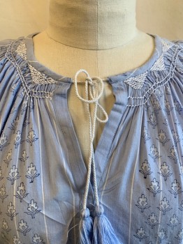 SAYLOR, Lt Blue, White, Cotton, Stripes - Vertical , Floral, Round Neckline, Rope Neck Tie with Tassel Ends Attached, Key Hole, Long Sleeves, Gathered at Sleeves, White Triangle Embroidery at Neckline & Hem