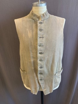 MTO, Dk Beige, Cotton, Solid, Band Collar, Button Front, Slvls, 2 Pockets, 2 Ties at Back *Aged/Distressed, Missing 1 Button*
