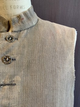 Mens, Historical Fiction Vest, MTO, Dk Beige, Cotton, Solid, 40, Band Collar, Button Front, Slvls, 2 Pockets, 2 Ties at Back *Aged/Distressed, Missing 1 Button*