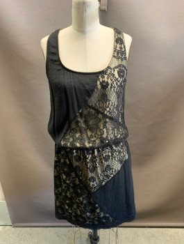 COLLECTIVE CONCEPTS, Black, Champagne, Silk, Cotton, Solid, Floral, Tank Top ,Racer Back, Silhouette, Elastic WB, Lace & Solid Fabric Inserts. Beaded Trim Edge.