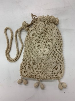 Womens, Purse 1890s-1910s, N/L, Cream, Cotton, Solid, Floral, *Aged/Distressed* Drawstring, Braided Floral, Ball Ends