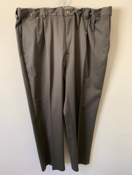 HAGGAR, Dk Gray, Poly/Cotton, Elastane, Solid, Zip Front, Button Closure, Pleated Front, 4 Pockets, Creased