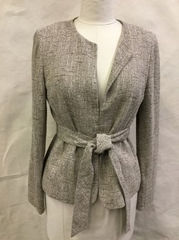 CLASSIQUES ENTIER, Beige, Cream, Brown, Viscose, Tweed, L/S, V-neck, No Collar, Hook & Eyes Center Front, Tie Belt Attached at Side Waist, 1980's Look, Classic Style