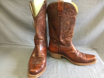 Mens, Cowboy Boots , DURANGO, Cordovan Red, Leather, 9.5, Pull-on, Top Stitching, Square Toe