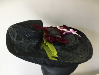 Womens, Hat 1890s-1910s, MTO, Black, Maroon Red, Purple, Green, Yellow, Straw, Straw Molded Wave Front Hat with Gray Mesh and Black Velvet Bow Front, Purple Velvet Flowers Front, Maroon/purple Velvet Flowers Top with Green and Black Feathers and Gray Mesh,