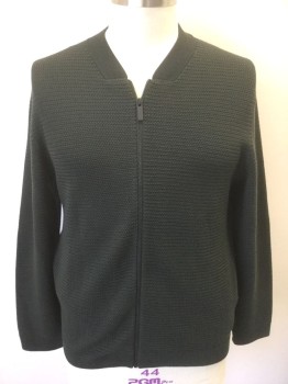 COS, Dk Green, Cotton, Solid, Very Dark Green (Nearly Charcoal) Bumpy Textured Knit, Long Sleeves, Zip Front, Rib Knit Neck, Cuffs and Waistband