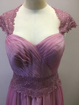 DAVE & JOHNNY, Rose Pink, Polyester, Solid, Rose Pink Chiffon, with Floral Lace/Net Cap Sleeves, Back, and Waistband with Tiny Pink Rhinestones, Finely Pleated Bust Surplice Bust with Sweetheart Neckline, CB Zipper, Floor Length Hem