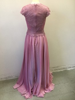 DAVE & JOHNNY, Rose Pink, Polyester, Solid, Rose Pink Chiffon, with Floral Lace/Net Cap Sleeves, Back, and Waistband with Tiny Pink Rhinestones, Finely Pleated Bust Surplice Bust with Sweetheart Neckline, CB Zipper, Floor Length Hem