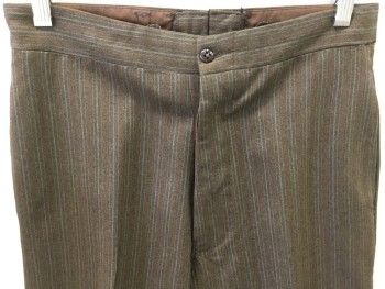 Mens, Pants 1890s-1910s, MTO, Brown, Red, White, Wool, Stripes - Pin, 30/29+, Button Fly,  Pockets, Suspender Buttons, Yoke,